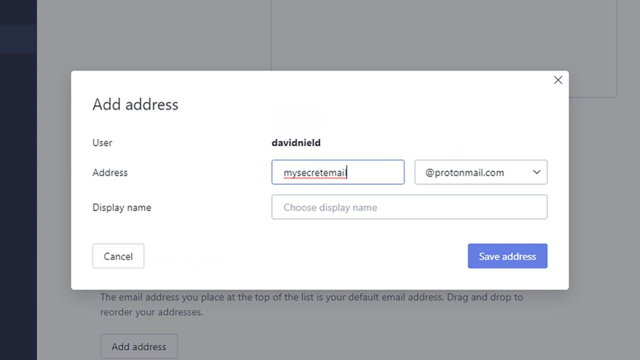 Protonmail vous permet de configurer plusieurs alias, si vous êtes un client payant. (Capture d'écran : Protonmail)