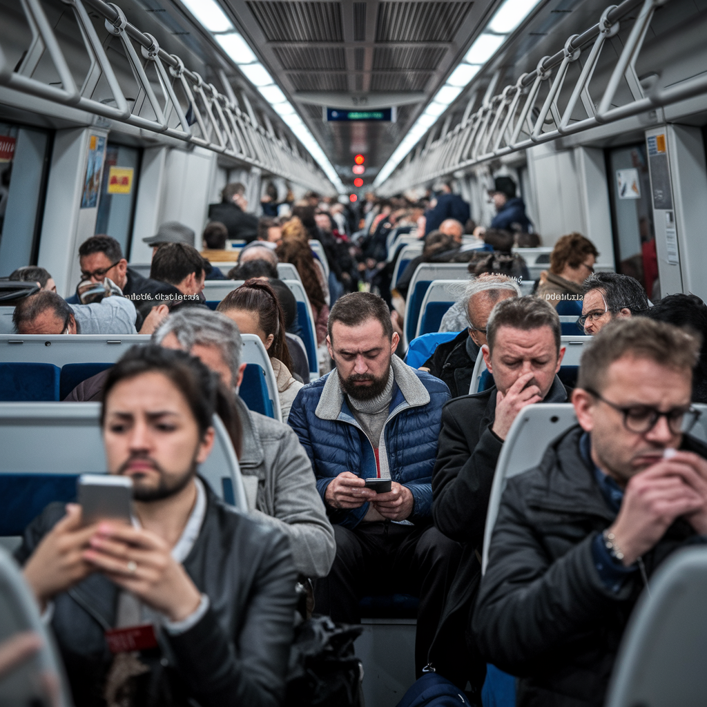 Intérieur d'un train français bondé avec des passagers frustrés.