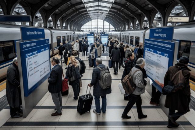 Gare française animée pendant une grève, avec des voyageurs.