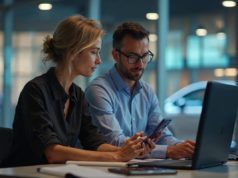 Comment les marques exploitent désormais la messagerie RCS pour leurs campagnes Deux professionnels consultent une messagerie RCS sur smartphone au bureau