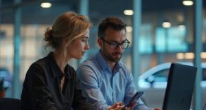 Comment les marques exploitent désormais la messagerie RCS pour leurs campagnes Deux professionnels consultent une messagerie RCS sur smartphone au bureau