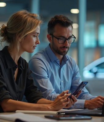 Comment les marques exploitent désormais la messagerie RCS pour leurs campagnes Deux professionnels consultent une messagerie RCS sur smartphone au bureau
