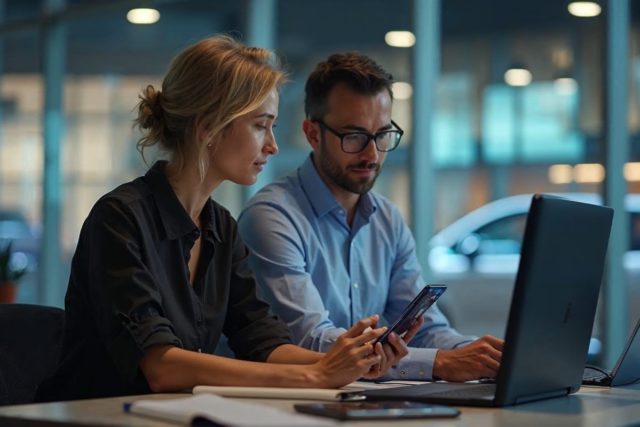 Le RCS s’impose dans la relation client Deux professionnels consultent une messagerie RCS sur smartphone au bureau