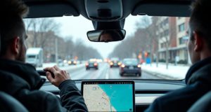 Tesla FSD v14.2.2.5 sème la confusion avec des vitesses erratiques et des clignotants défaillants Un conducteur supervise l’assistance Tesla FSD sur route enneigée