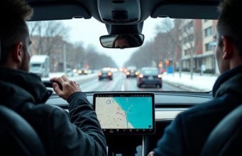 Tesla FSD v14.2.2.5 sème la confusion avec des vitesses erratiques et des clignotants défaillants Un conducteur supervise l’assistance Tesla FSD sur route enneigée
