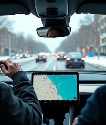 Tesla’s latest Full Self-Driving update is splitting drivers, with weird speed swings and rogue turn signals Un conducteur supervise l’assistance Tesla FSD sur route enneigée