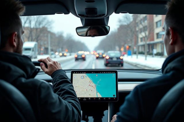 Conducteur supervise FSD sur route hivernale Un conducteur supervise l’assistance Tesla FSD sur route enneigée