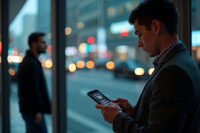 Mise à jour de sécurité sur smartphone Un employé met à jour une application d’authentification sur son smartphone