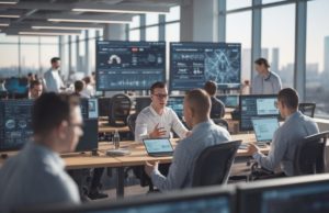 Claude “bannato” dal Pentagono, ma non dal mercato: Microsoft, Google e Amazon lo tengono in cloud Ingénieurs discutant de modèles d'IA Anthropic dans un bureau moderne