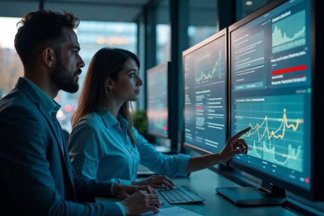 Analystes SOC face à une alerte Deux analystes cybersécurité surveillent des alertes dans un SOC moderne