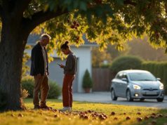Pourquoi les frelons asiatiques ciblent davantage certains fruitiers Deux adultes inspectent des figues tombées dans un jardin résidentiel