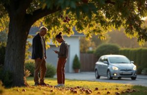 Pourquoi les frelons asiatiques ciblent davantage certains fruitiers Deux adultes inspectent des figues tombées dans un jardin résidentiel