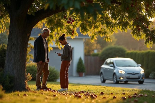 Deux adultes inspectent des figues tombées dans un jardin résidentiel