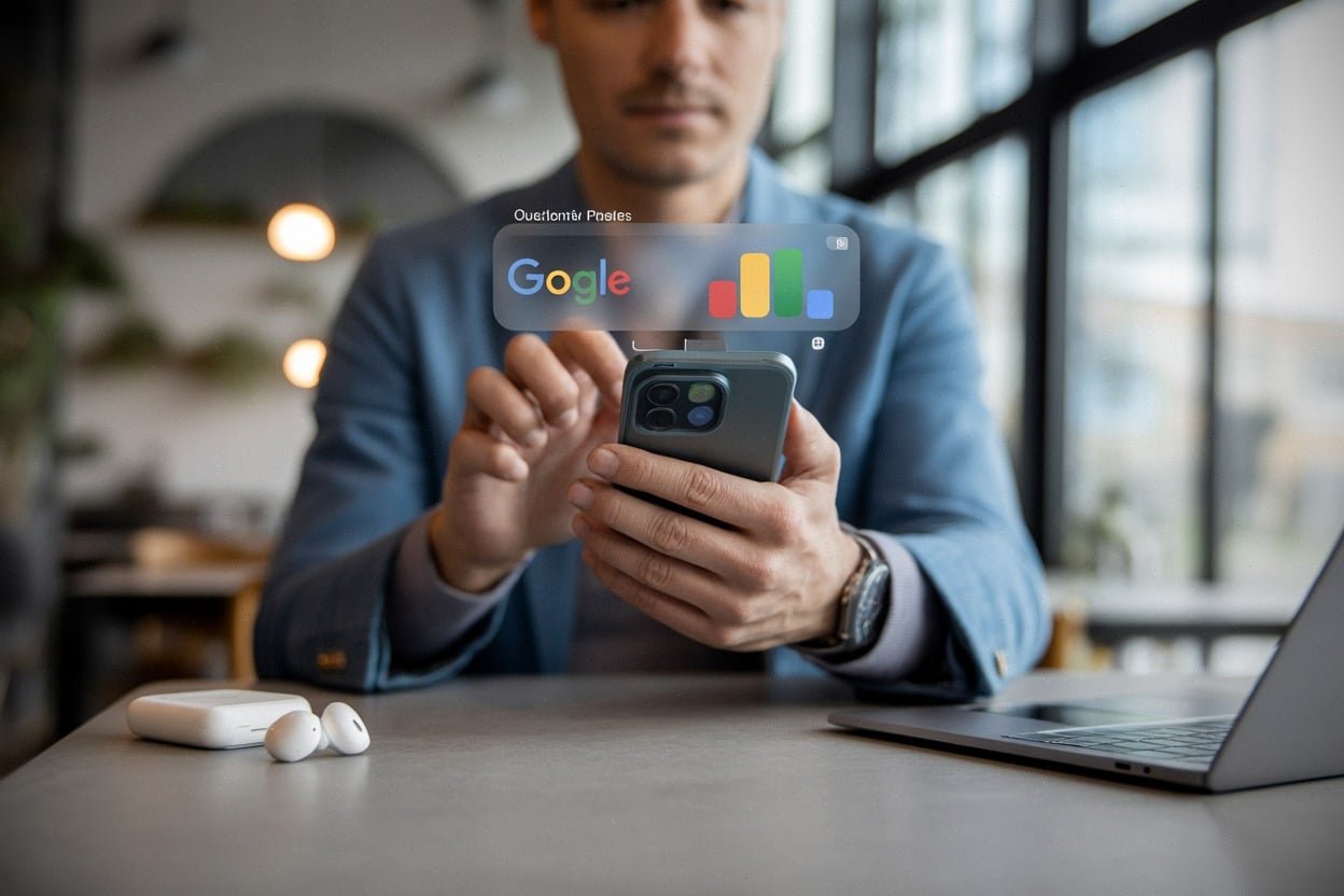 Utilisateur découvrant une réponse IA dans une recherche mobile Google
