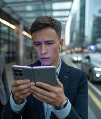 ConfidentialitĂ©, IA et Galaxy Z Fold 8 : ce que l’arrivĂ©e de Gemini dans plus de 40 apps change vraiment pour les utilisateurs Utilisateur consultant Gemini sur smartphone pliable dans un environnement moderne