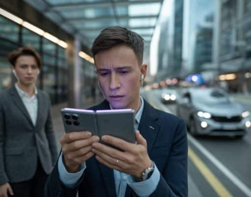 Confidentialité, IA et Galaxy Z Fold 8 : ce que l’arrivée de Gemini dans plus de 40 apps change vraiment pour les utilisateurs Utilisateur consultant Gemini sur smartphone pliable dans un environnement moderne