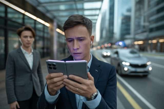 Gemini et IA agentique mobile Utilisateur consultant Gemini sur smartphone pliable dans un environnement moderne